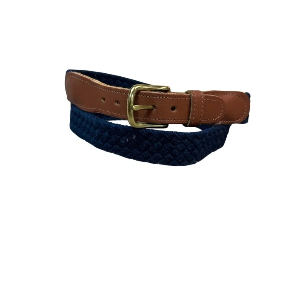 Preston New England Mens 36 Woven Surcingle Belt Navy Blue Brown Leather USA